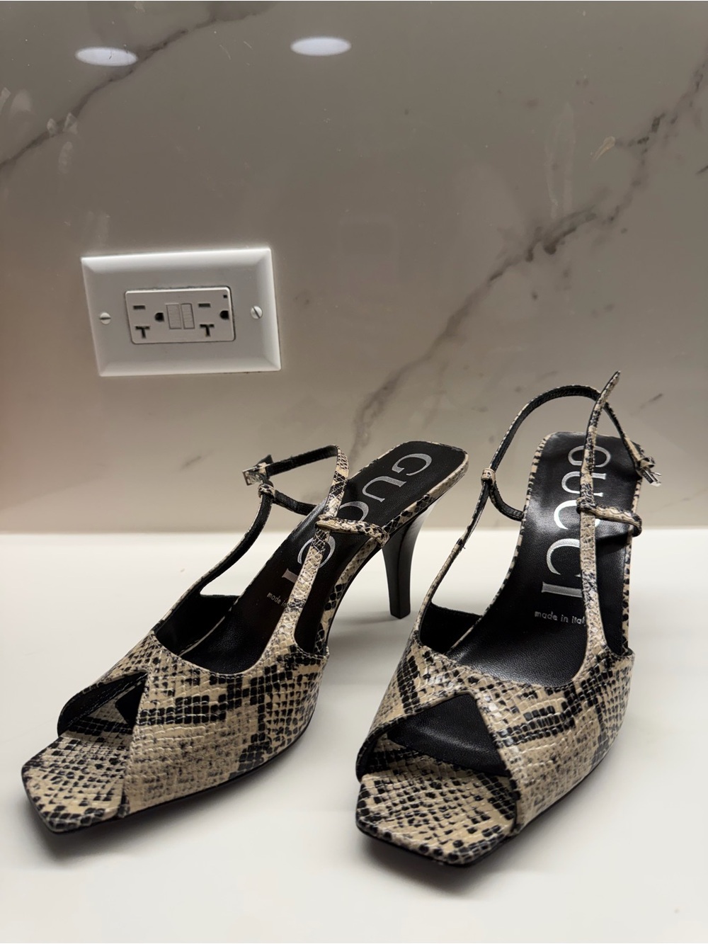 Gucci Black and Beige Snake-Print T-Strap Slingback Heels